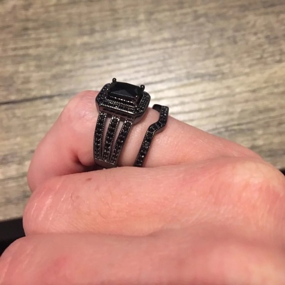 Black Emerald Cut Halo Puzzle Wedding Ring Set - Picture 7 of 7